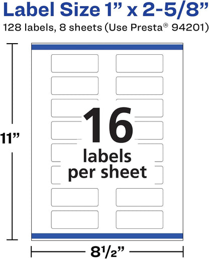 Avery® Durable Removable Rectangle Labels, Sure Feed® Technology, 1" x 2-5/8", Matte White Film, Water-Resistant, Print-to-The-Edge, Laser/Pigment-Based Inkjet Printable, 128 Total