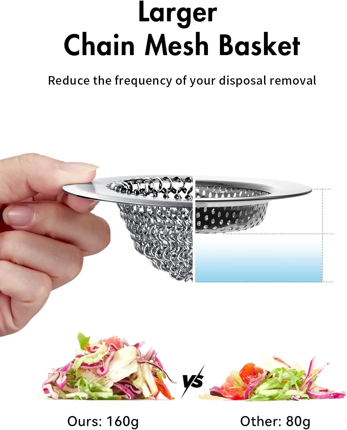 Upgraded Sink Drain Strainer, Patented Reversible Chain Mail Mesh | Anti-Slip Ring, Fast Drainage, Reversible Flip Clean, Rust-Proof, Universal 4.4-Inch, Large Capacity, Garbage Disposal Fit