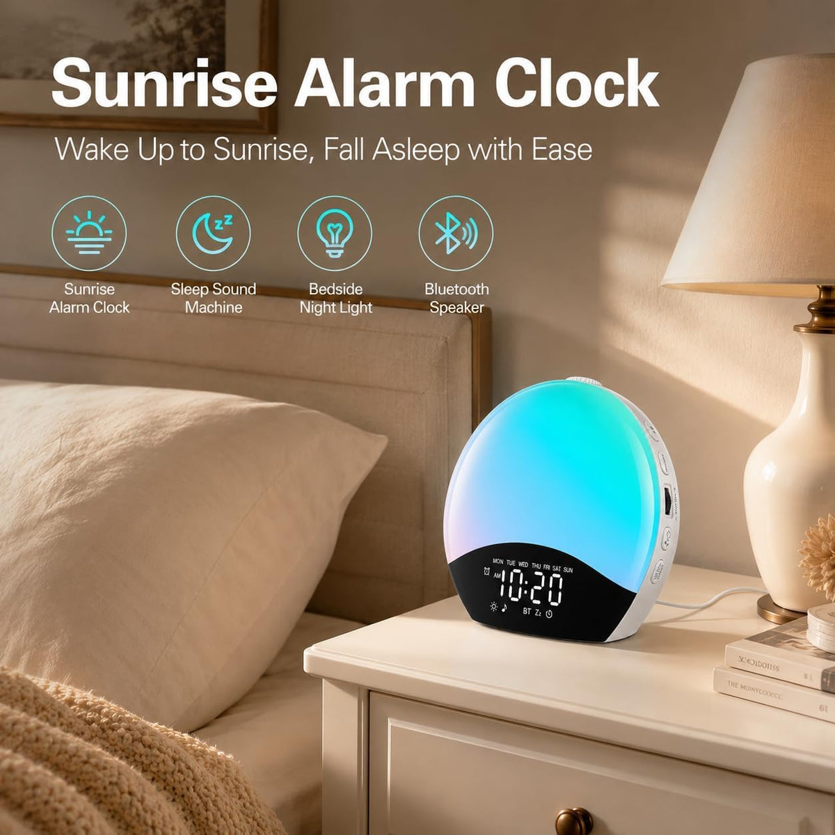 JALL Full Screen Dimmer Sunrise Alarm Clocks for Bedrooms, Wake Up Light with FM Radio, 25 White Noise Sleep Sounds, Bluetooth Speaker, Dual Alarms Bedside Clock for Heavy Sleepers