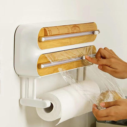 Magnetic Plastic Wrap Dispenser with Cutter,3 in 1 Aluminum Foil wrap Organizer,Upgrade Practical Refillable Cling Wrap Film Cutter，Wall Mount Kitchen Wrap Dispenser - Fits 12" Roll, White