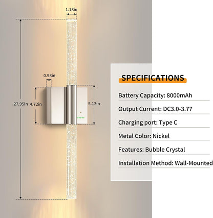 Battery Operated Sconces Set of 2, 28in Rechargeable Wireless Wall Lights