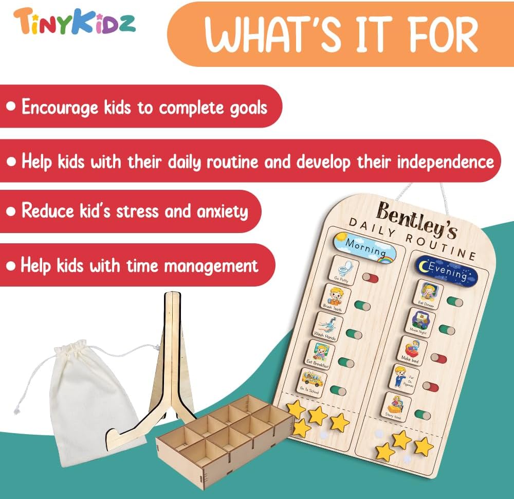 TinyKidz Wooden Daily Routine Chart 11x15, Schedule Board for Kids, Wooden Chore Chart for Kids, Responsibilities Chart for Toddlers, Morning Bedtime Routine for Toddlers