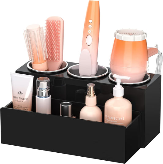 NIUBEE Acrylic Hair Tool Organizer,Hair Blow Dryer Holder with 3 Cups,White | Acrylic Hot Tools Organizer,Hair Organizer Storage Countertop,Blow Dryer Holder for Curling Iron,Brush, Straightener,Bathroom