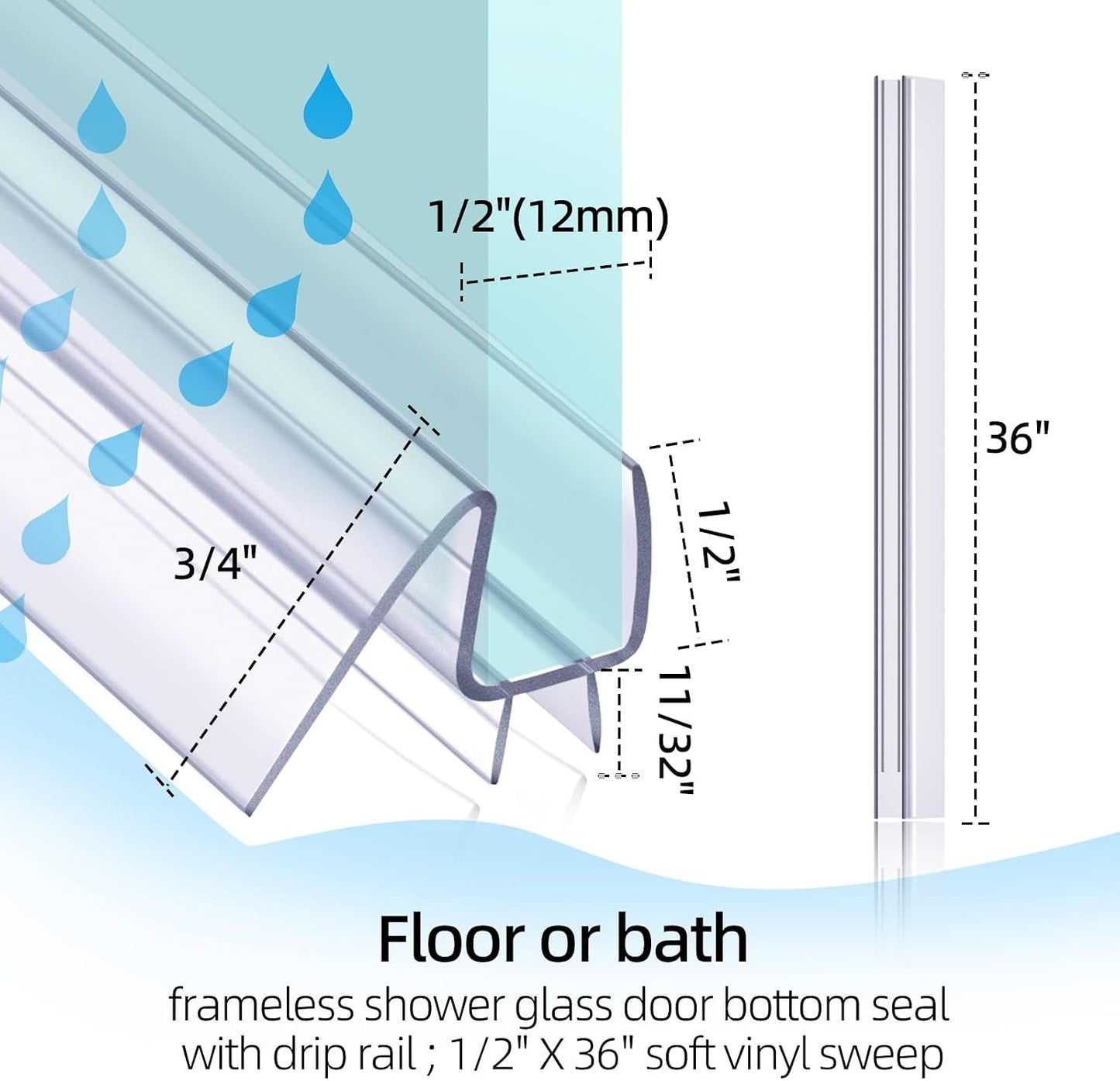 POZIA Shower Door Bottom Seal Frameless Glass Shower Door Seal Strip Clear Vinyl Durable Stop Shower Leaks and Create a Water Barrier Ultra Clear (1PACK-1/2in)