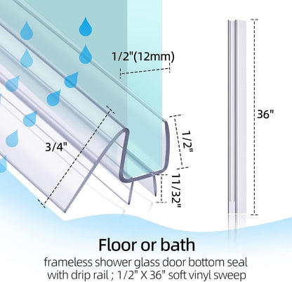 POZIA Shower Door Bottom Seal Frameless Glass Shower Door Seal Strip Clear Vinyl Durable Stop Shower Leaks and Create a Water Barrier Ultra Clear (1PACK-1/2in)