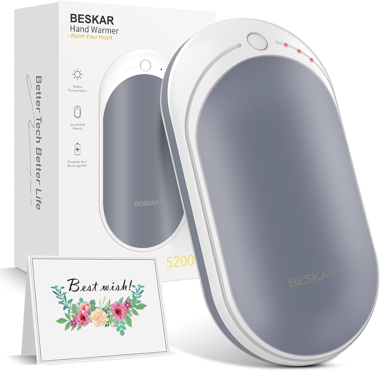 BESKAR Rechargeable Hand Warmer, 5200mAh Electric Hand Heater | Double Sided Heating, USB Quick Charge, Portable Pocket Hand Warmer for Outdoor, Golf, Raynauds