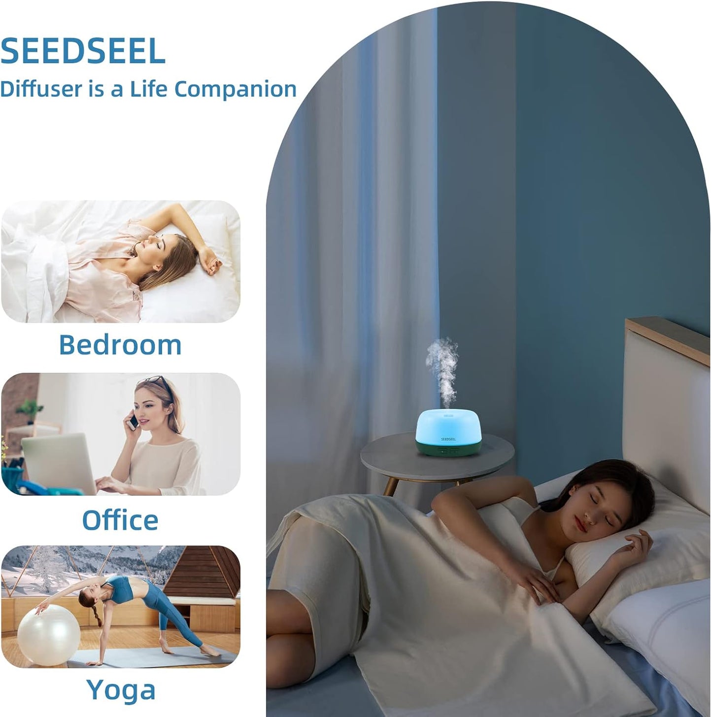 SEEDSEEL 300ML Essential Oil Diffuser with 7-Color LED Lights and Remote Control, Modern Minimalist Design, High-Efficiency Ultrasonic Mist Aromatherapy Diffuser for Home