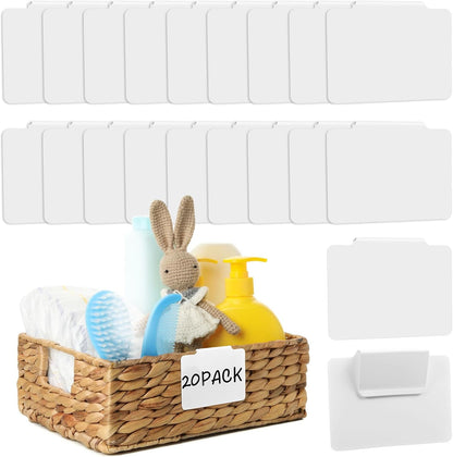 12pcs White Basket Labels Removable PVC Labels | Clip On for Storage Bins, Removable PVC Labels for Baskets with Holders, 3.5x2.7 Inches