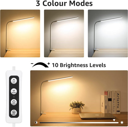 Lepro Small Desk Lamp with Clamp, LED Reading Lamps, 460LM, 5W, White | 3 Color Modes 10 Brightness, Dimmable USB Clip on Desk Light with Gooseneck Swing Arm for Nail, Home Office and Dorm