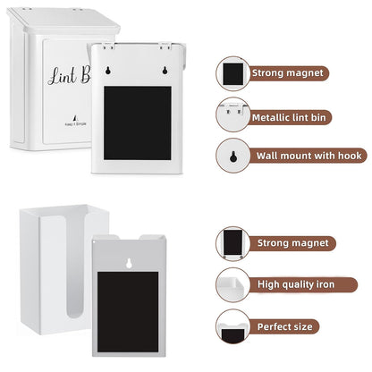 SUBEKYU Magnetic Lint Bin and Dryer Sheet Holder Set for Laundry Room,White | Wall Mounted Metal Lint Box Holder Trash Can,Lint Basket for Laundry Room Organization and Storage Decor
