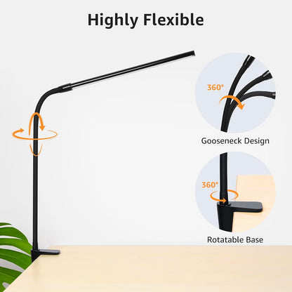 Lepro Small Desk Lamp with Clamp, LED Reading Lamps, 460LM, 5W, White | 3 Color Modes 10 Brightness, Dimmable USB Clip on Desk Light with Gooseneck Swing Arm for Nail, Home Office and Dorm