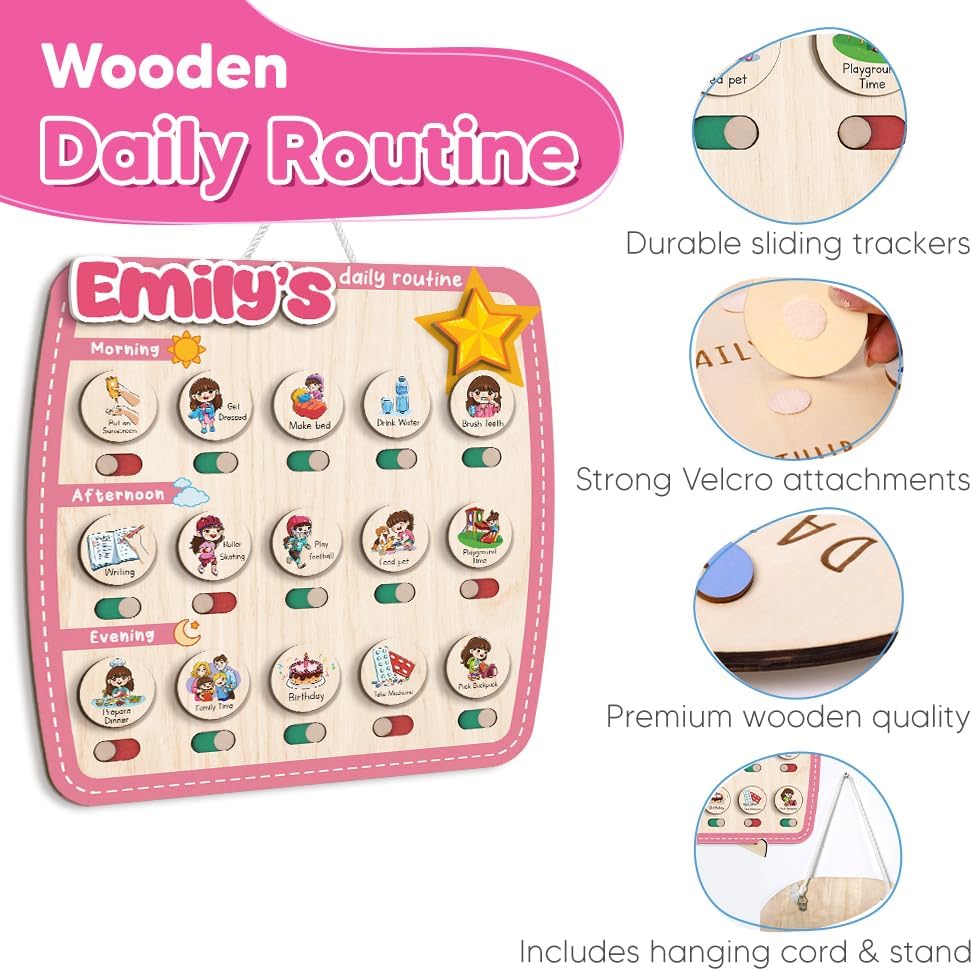 Wooden Daily Routine for Kids, Chore Chart for Toddler, Daily Responsibilities for Kids, Visual Schedule, Morning Bedtime Routine for Girls