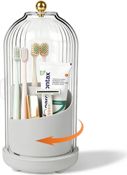 Toothbrush Holders with Cover Toothpaste Organizer for Bathroom, White | 360° Rotating, Dustproof Sliding Lid, Drainage Holes, Waterproof, for Kids Electric Toothbrush Makeup Brush Storage