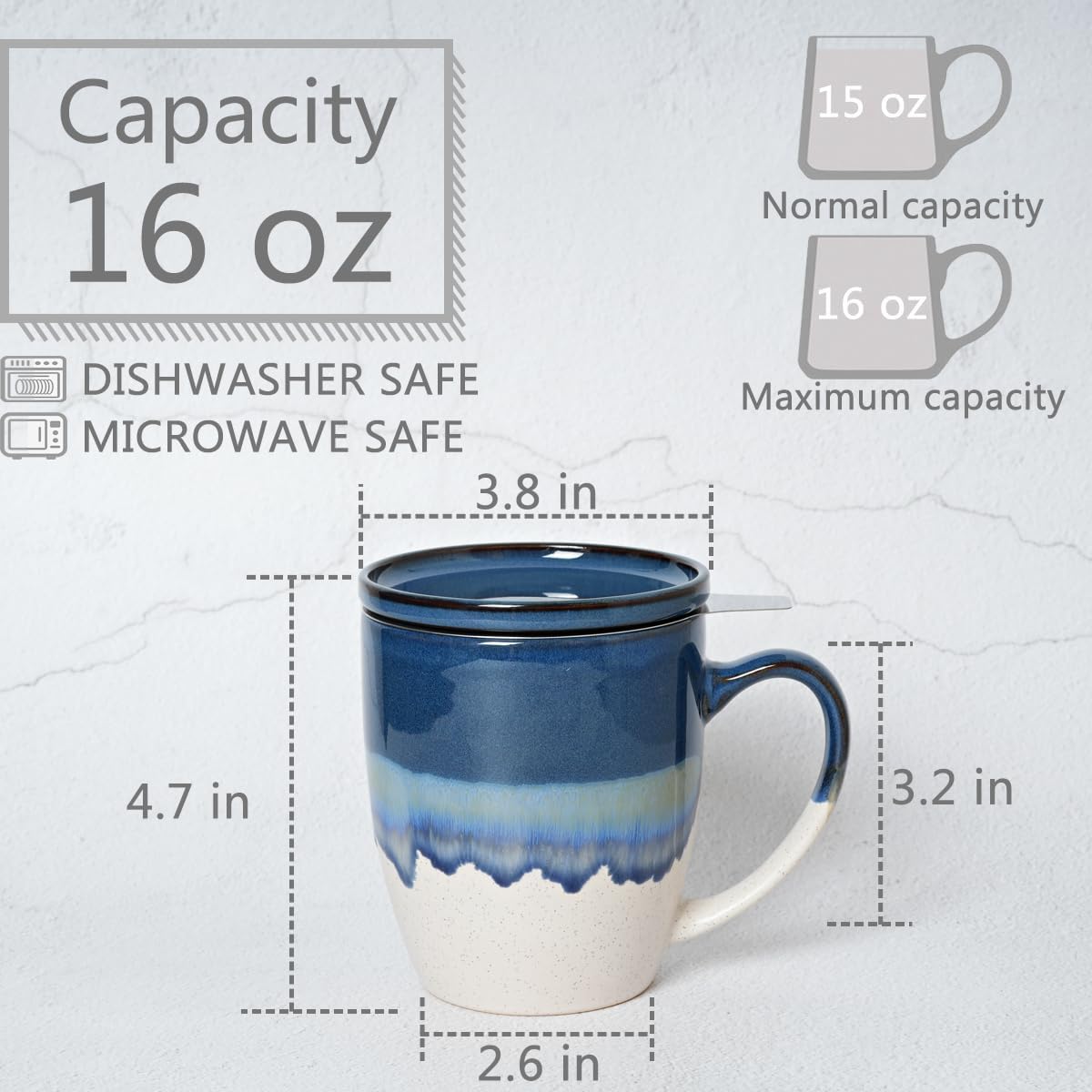 Bosmarlin Ceramic Tea Cup with Infuser and Lid, 16 Oz, 5 Colors to Choose, Dishwasher and Microwave Safe, Reactive Glaze, Steeping Tea Mug with Strainer (Purple)
