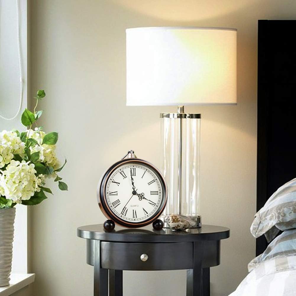 Retro Metal Table Clock Battery Operated Non-Ticking Silent Quartz Table Small Alarm Clock Desk Shelf HD Glass Clock for Kids Room (Arabic-550-12)