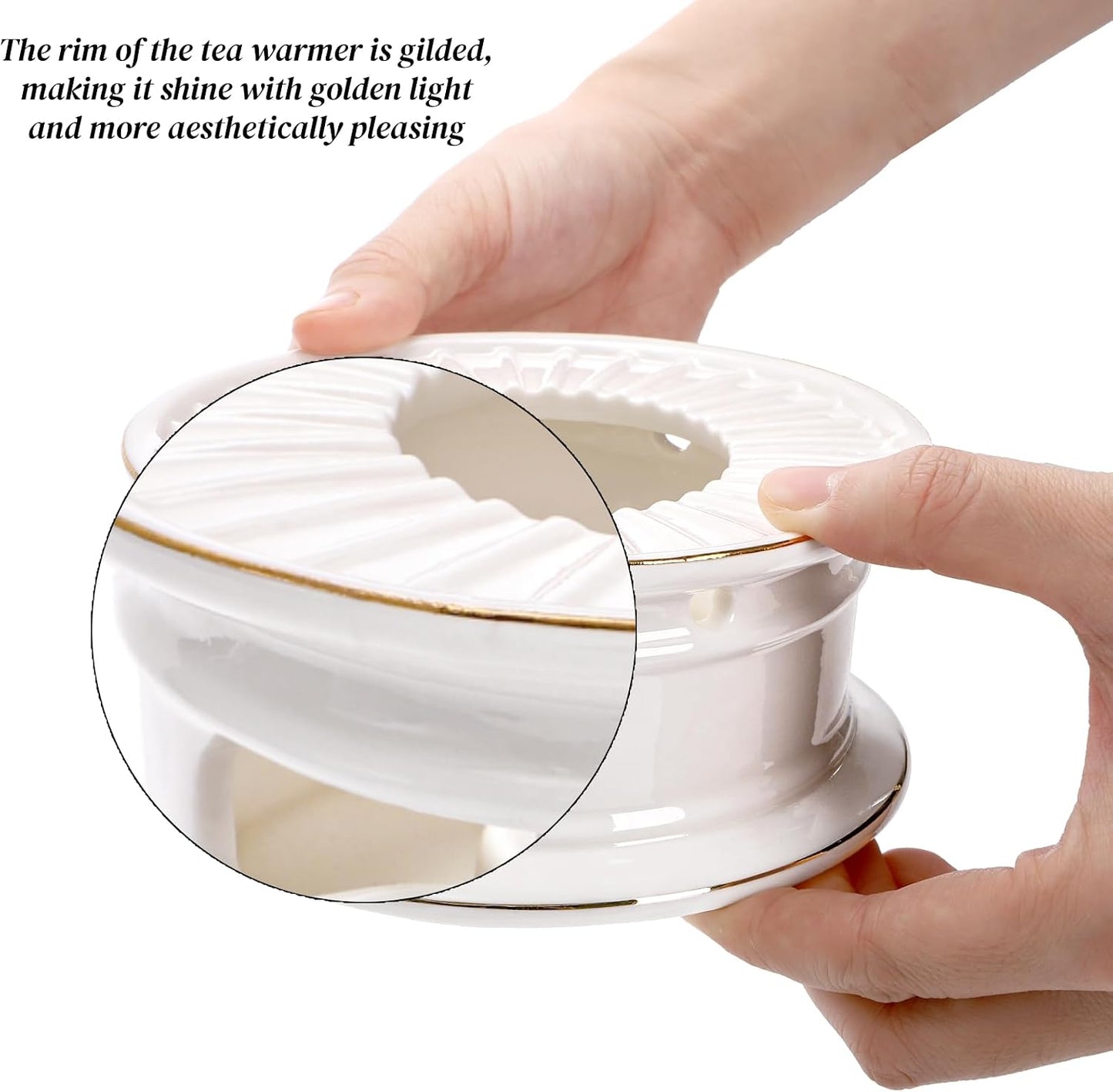 Ceramic Teapot Warmer, Gold Rim Teapot Heater with Tealight Holder | White Porcelain Tea Kettle Holder Warming Base for Heating Coffee, Milk, Water, Soup