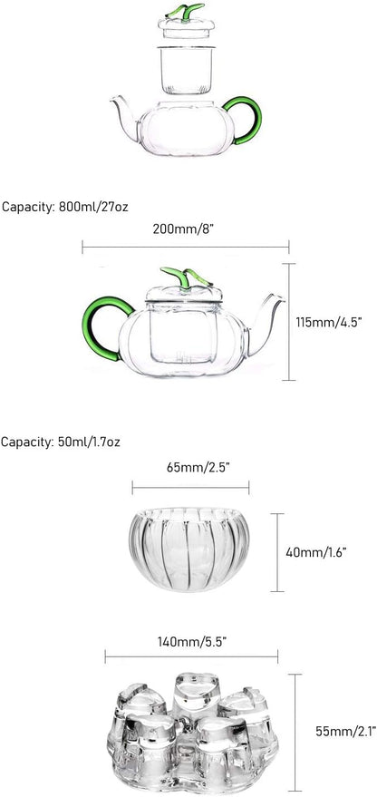 Glass Filtering Tea Maker Teapot with a Warmer and 6 Double-walled Tea Cups Set (Heating base, Standard)