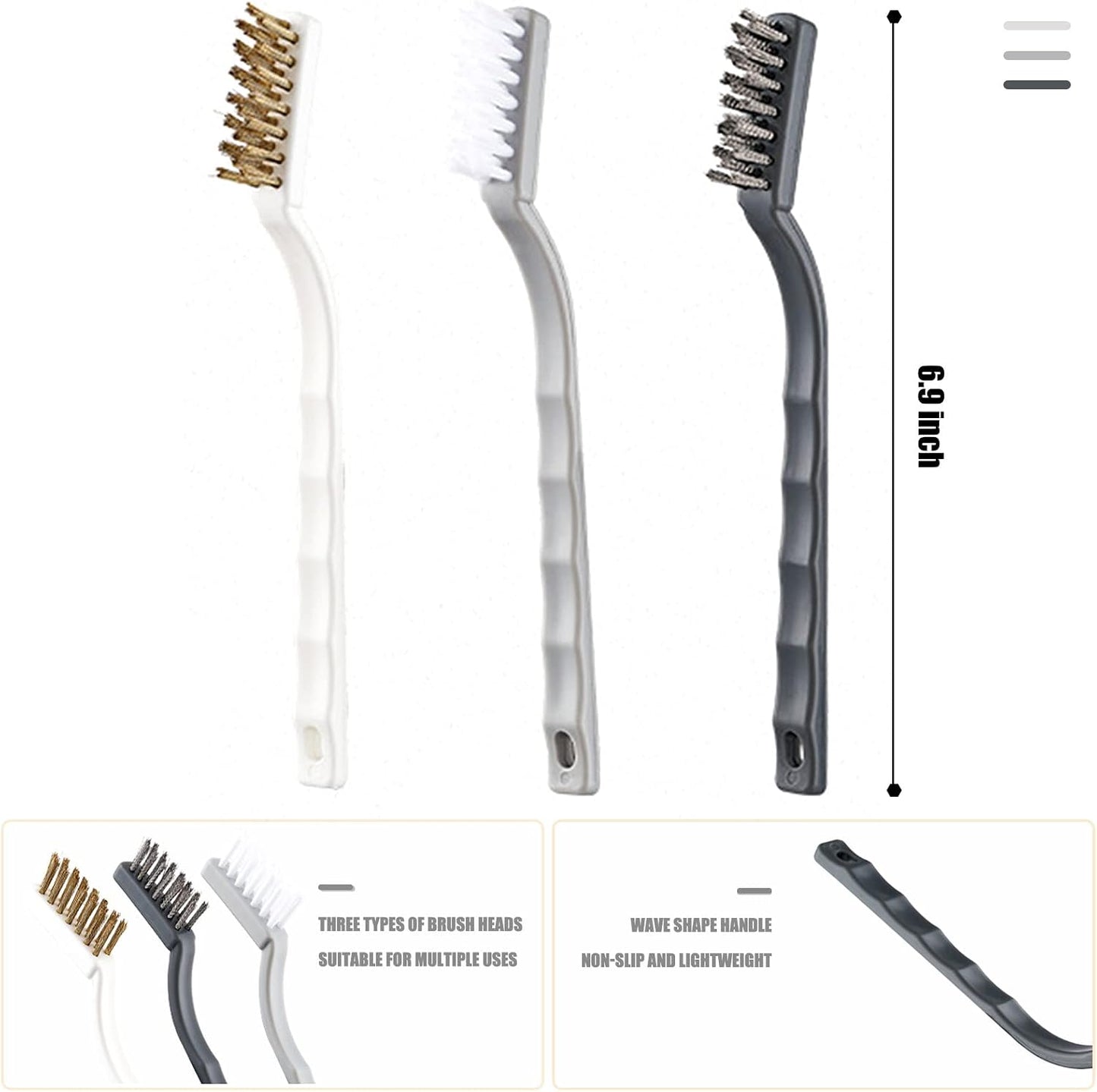 Set of 3 Kitchen Cleaning Scrubbers - Wire Brush (Stainless Steel + Brass + Nylon) for Range Hood Grease, Grime and Rust