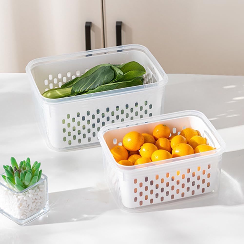 2pcs Fruit Storage Containers for Fridge, Airtight Food Saver Containers with Removable Colander & Lid, Stackable Fridge Organizer Box Set to Keep Vegetables Fresh Longer(Clear White)