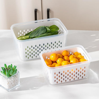 2pcs Fruit Storage Containers for Fridge, Airtight Food Saver Containers with Removable Colander & Lid, Stackable Fridge Organizer Box Set to Keep Vegetables Fresh Longer(Clear White)