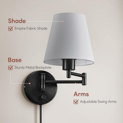 VONLUCE Wall Lamp, Plug in & Swing Arm Wall Sconce, Nickel Finish | Modern Wall Lights with White Fabric Shades, Plug in & Hardwired Wall Mounted Light for Bedside, Living Room, Hallway