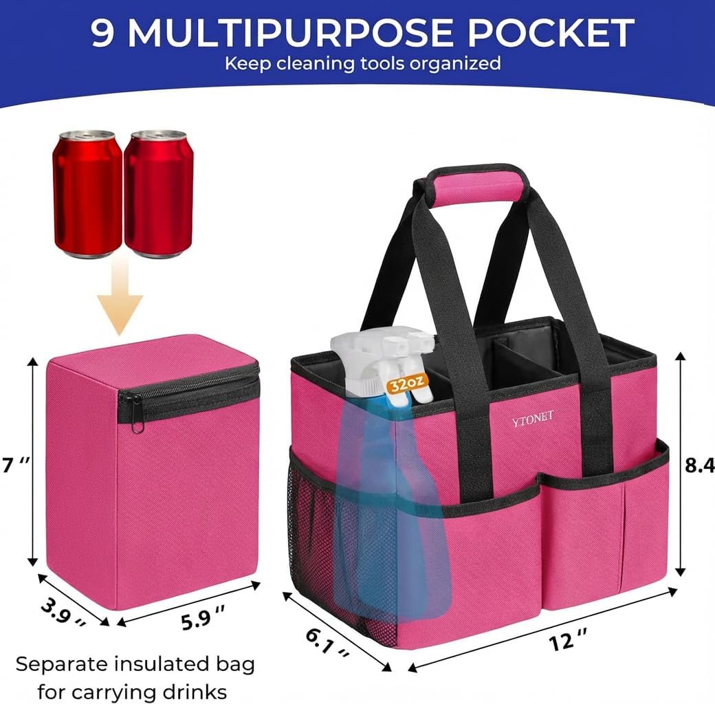 Ytonet Portable Cleaning Caddy with Handle, Water Resistant Cleaning Bag | with Handle & Foldable Divider for Cleaners, Housekeeping Tote for Kitchen & Bathroom, Car Tool Caddy Organizer Bag, Rosered