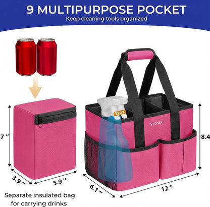 Ytonet Portable Cleaning Caddy with Handle, Water Resistant Cleaning Bag | with Handle & Foldable Divider for Cleaners, Housekeeping Tote for Kitchen & Bathroom, Car Tool Caddy Organizer Bag, Rosered
