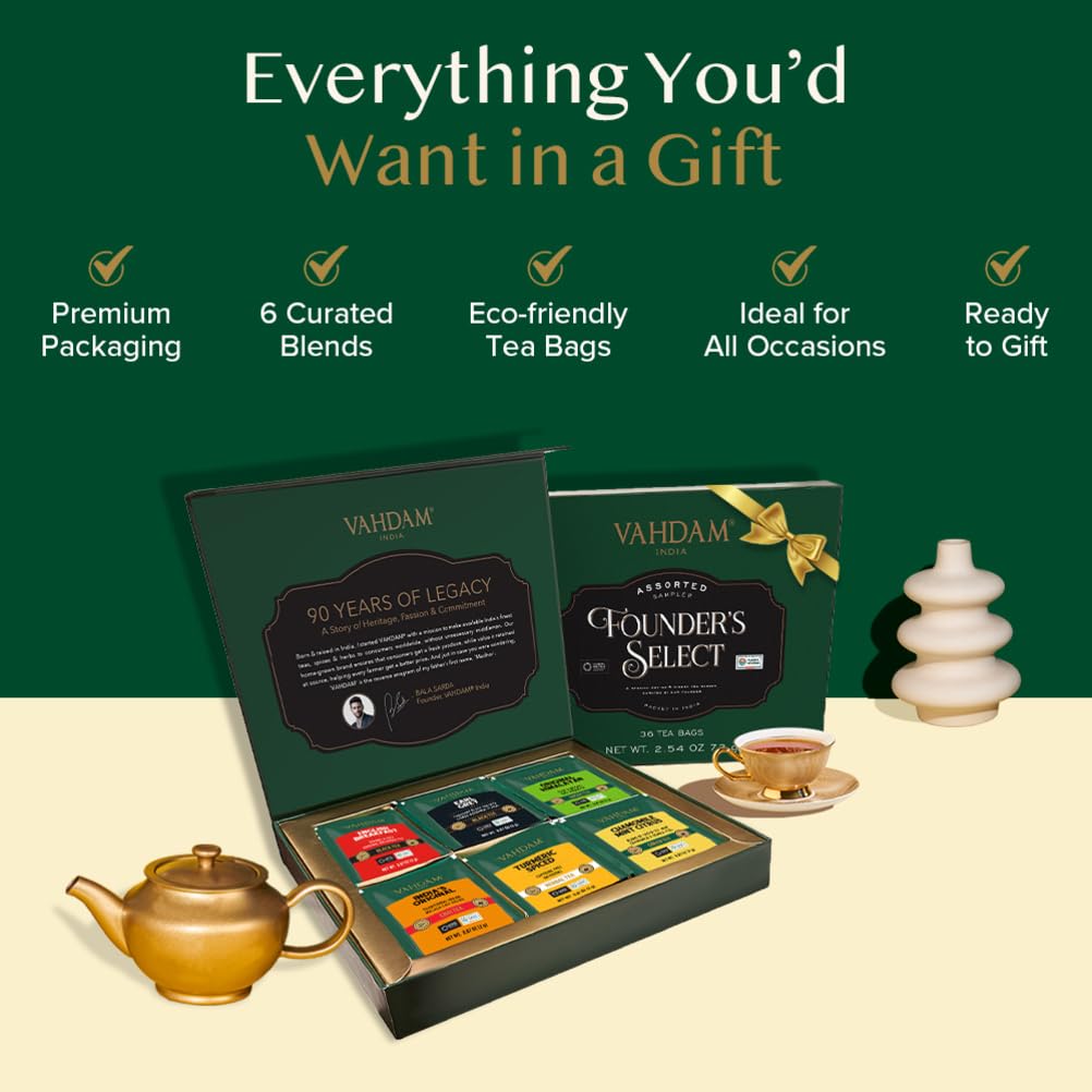 VAHDAM, Assorted Herbal Tea Sampler (18 Tea Bags, 9 Flavors) Caffeine-Free, Non-GMO | Double Infusion, Individually Enveloped Tea Bags | Herbal Tea Assortmen