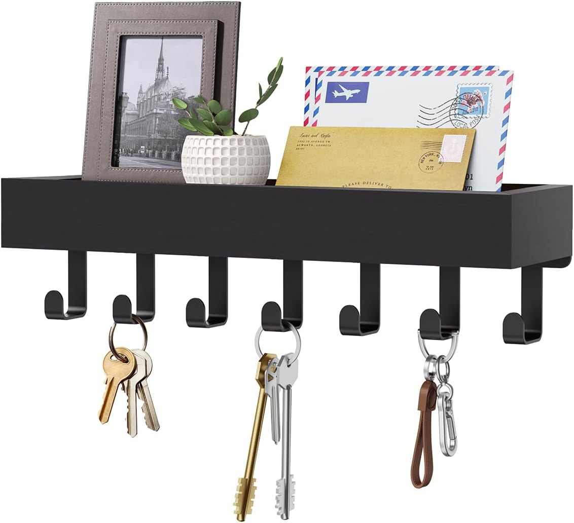 Key Holder Wall Mount Magnetic Adhesive, Key Hooks Rack with Shelf | Key Hanger with Mail Organizer for RV Camper Fridge Living Room Decor, Home Essentials, Black