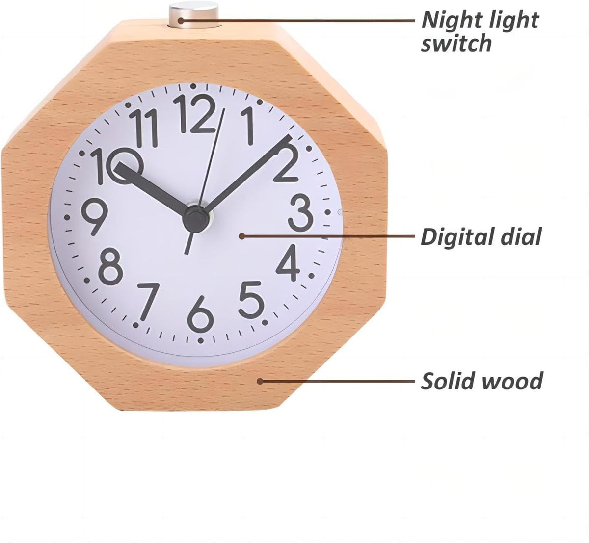 Wood Analog Alarm Clock 3'' Non-Ticking Backlight Battery Operated