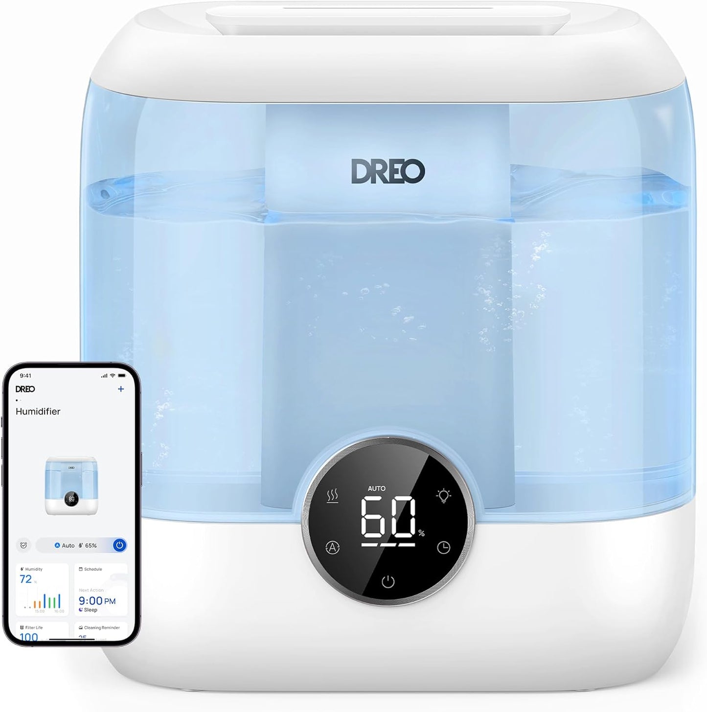 DREO 6L Smart Humidifiers for Bedroom, Large Room, 60H Runtime, Quiet 28dB | Top Fill Supersized Cool Mist Humidifier for Plants, Indoor, Home, Night Light, App/Touch/Voice Control, Black