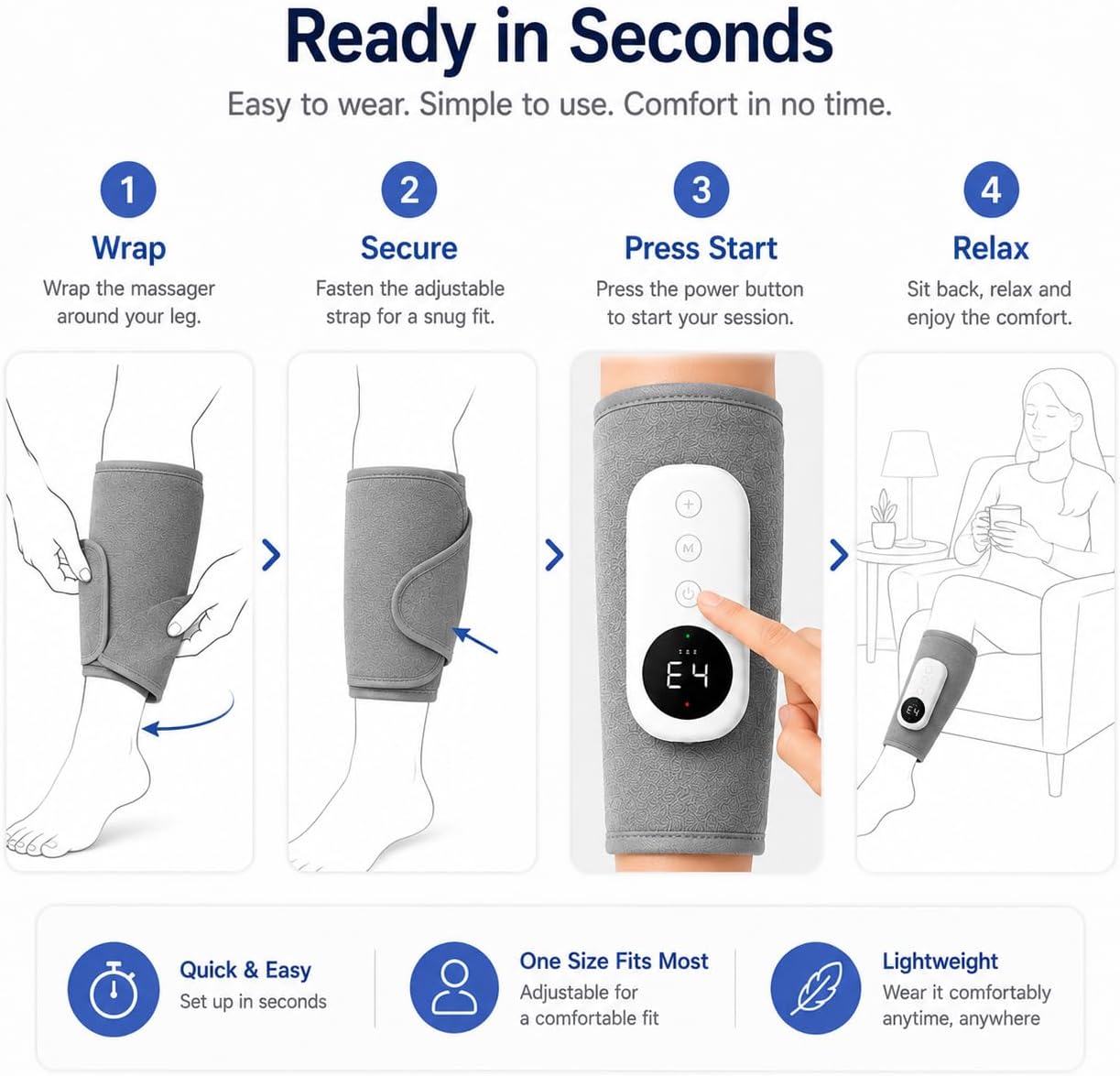 Cordless Leg Massager with Air Compression & Kneading, Rechargeable Calf Massager Wrap for Relaxation, Muscle Comfort & Everyday Recovery, Adjustable Fit, Single Leg