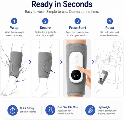 Cordless Leg Massager with Air Compression & Kneading, Rechargeable Calf Massager Wrap for Relaxation, Muscle Comfort & Everyday Recovery, Adjustable Fit, Single Leg
