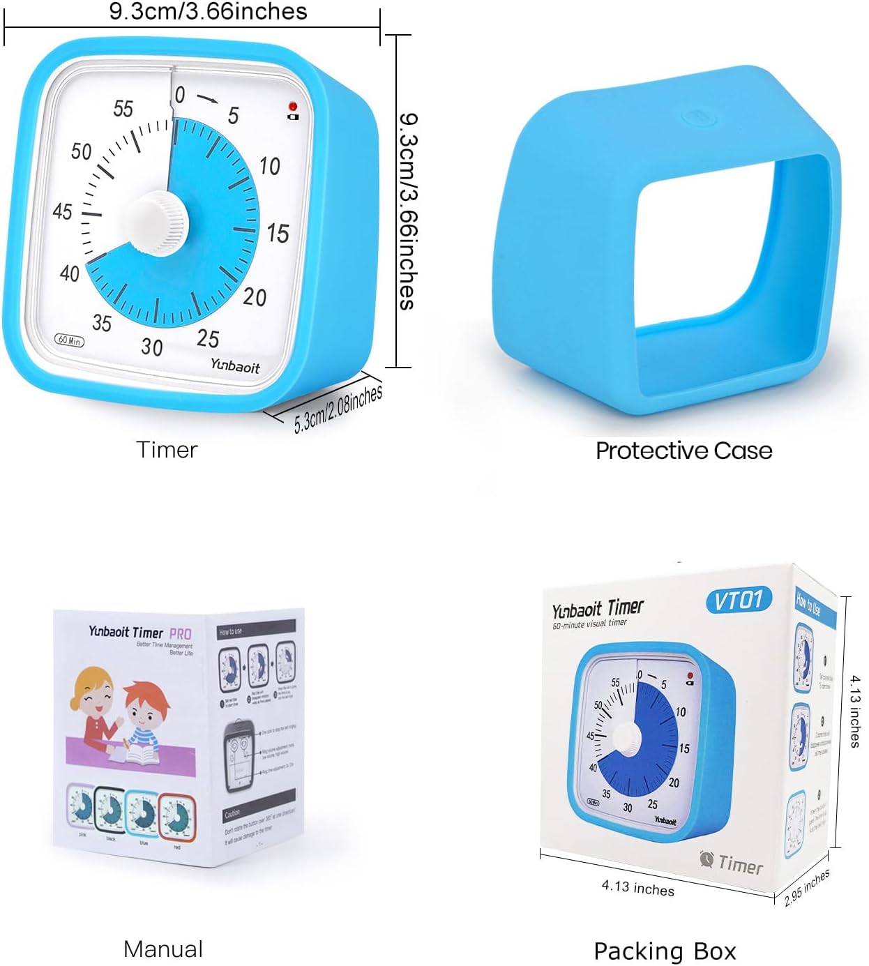 Yunbaoit Rainbow Visual Timer for Kids, 60-min Countdown Timer, Blue | Protective Case, No Ticking, Mute and Ringing Alarm Available, Time Management Tool, Low Power Reminder, for Study,Game,Work