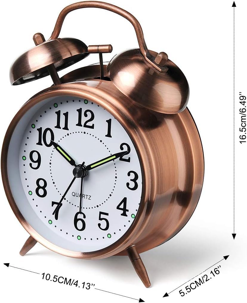Azyh Loud Alarm Clock for Heavy Sleepers Adults, Metal 4 Inches Twin Bell Battery Operated Alarm Clocks for Bedrooms Decoration, Silent Non-Ticking, Back-to-School Gift (Red Brown)