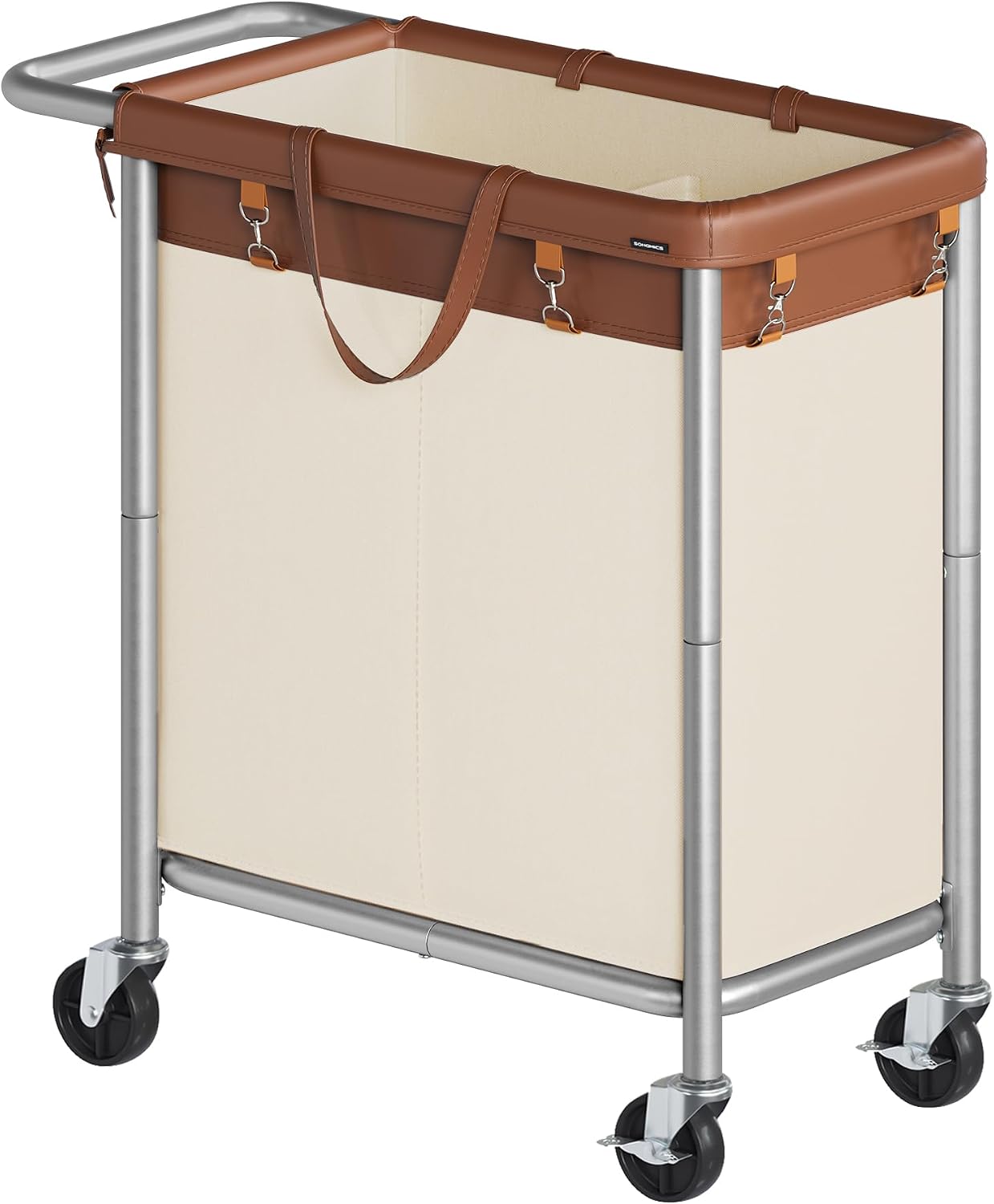 SONGMICS Laundry Basket with Wheels, 4-Section Rolling Laundry Hamper, 68.6 Gallons (260 L), Removable Liner, Steel Frame with Handle, 43.3 x 15.4 x 31.9 Inches, Cream White URLS014W01