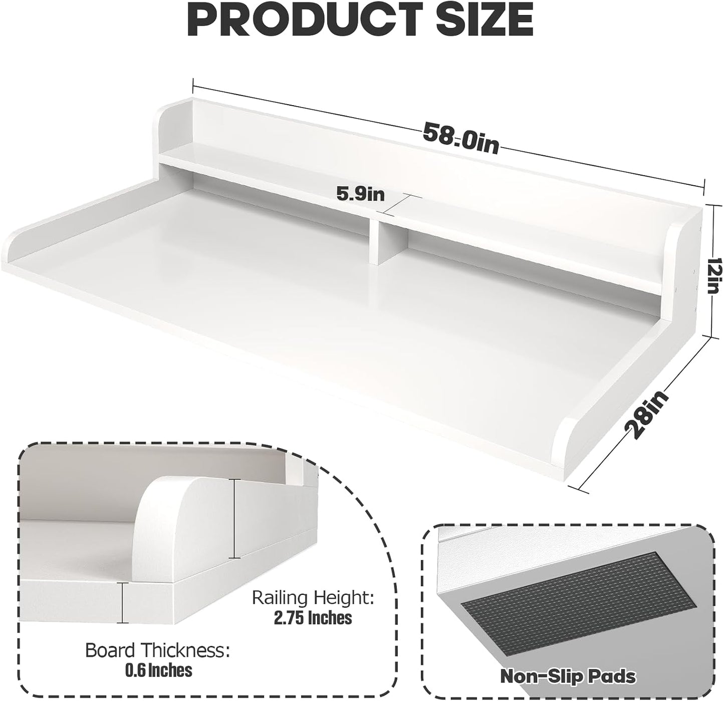 2-Tier Washer Dryer Countertop with 2.75" H Edge Rails, 54" W x 27.55" D Laundry Countertop for Folding Clothes, Washer and Dryer Topper with Non-Slip Pad (Dark Walnut)