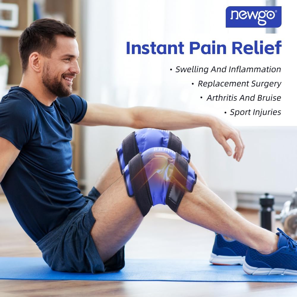 NEWGO Knee Ice Pack Wrap, 360° Full Wrap, Blue | Y-shaped Strap Stays Put, Reusable for Knee Replacement, ACL, Arthritis, Swelling, and Sports Injuries, 21.7" x 9.8"