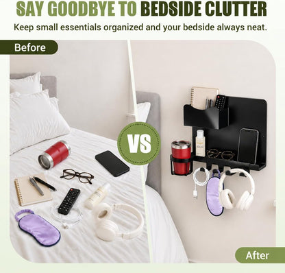 Floating Bedside Wall Shelf, Metal Bedside Wall Organizer with Detachable Cup Holder, No Drill Wall Mounted Storage for Bedroom, Dorm, Loft Bed, Bunk Bed & Small Space Organization