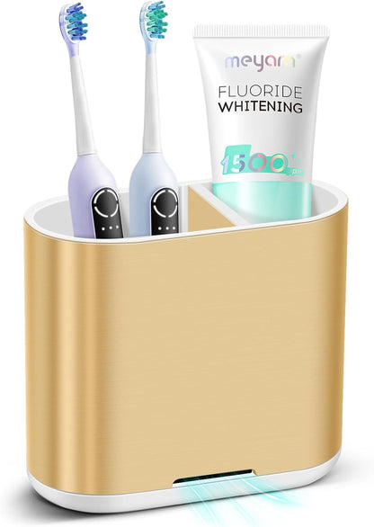 Bamboo Toothbrush Holder for Bathrooms Toothpaste Organizer, Small, White | 2 Slots, Easy to Clean, Plastic, Kids Electric Toothbrush, Drainage, Removable, For Bathroom, Vanity, Kitchen Sink, Office