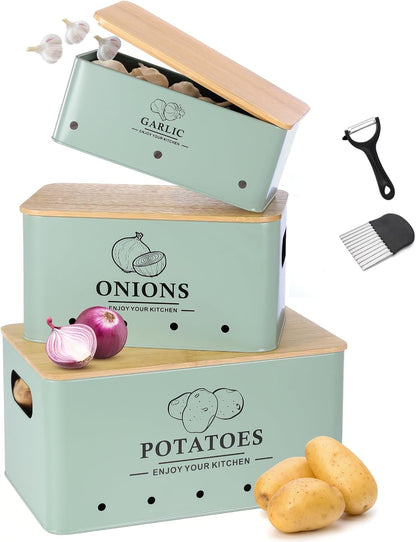 Kitchen Vegetable Storage Set of 3, Metal Onion Garlic Potato Storage Set, Kitchen Canisters Vegetable Keeper Containers with Aerating Holes and Bamboo Lid,Black
