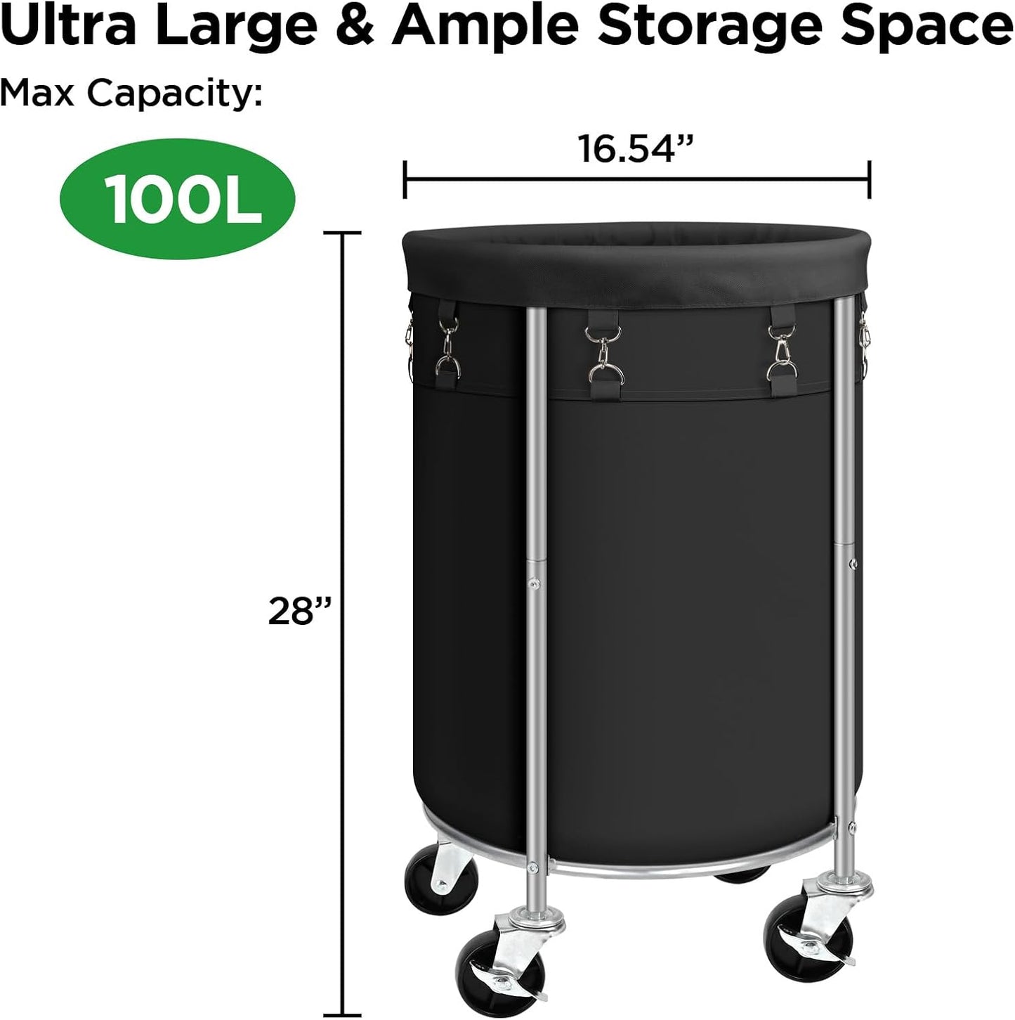 100L Round Rolling Laundry Hamper Basket with Wheels, Grey | Laundry Sorter Cart with Removable Bag, Clothes Organizer, Metal Frame, Bedroom, Bathroom, Laundry Room, Dorm Use