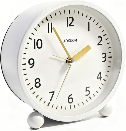 Analog Alarm Clock, Non-Ticking Silent Travel Small Clock, Battery Operated with On-Demand Light, Easy Set Gentle Wake, Ideal Decor for Bedroom, Bedside, Desk,Office(White)