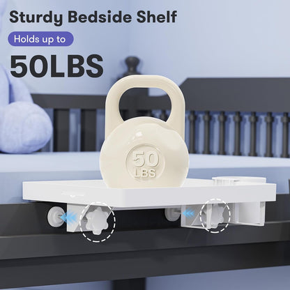 Bedside Shelf for Top Bunk Bed, White Bunk Bed Table 50LBS Capacity | Bedroom Dorm Room Essential, Clip on Nightstand for College Student, BedShelf with Cup Holder, Material & Clamping Screw
