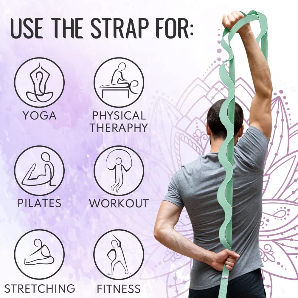 Stretching Strap with 10 Loops for Physical Therapy & Rehab | Non-Elastic Yoga Stretch Band for Hamstring, Leg, Hip & Knee Rehab, Pilates, Flexibility & Mobility Exercises for Men & Women