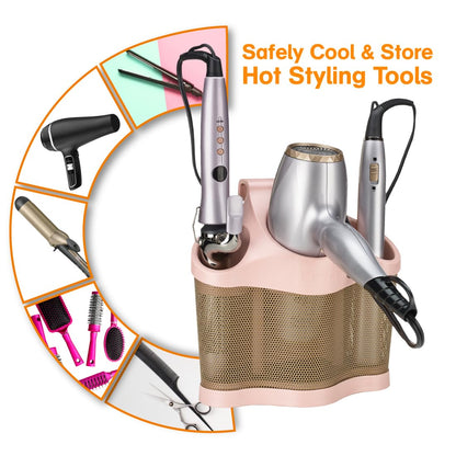 Polder Style Station, Tool Organizer for Hair Dryer, Curling Iron, and Straightener, Easy-to-Store Hair Styling Station, White and Silver