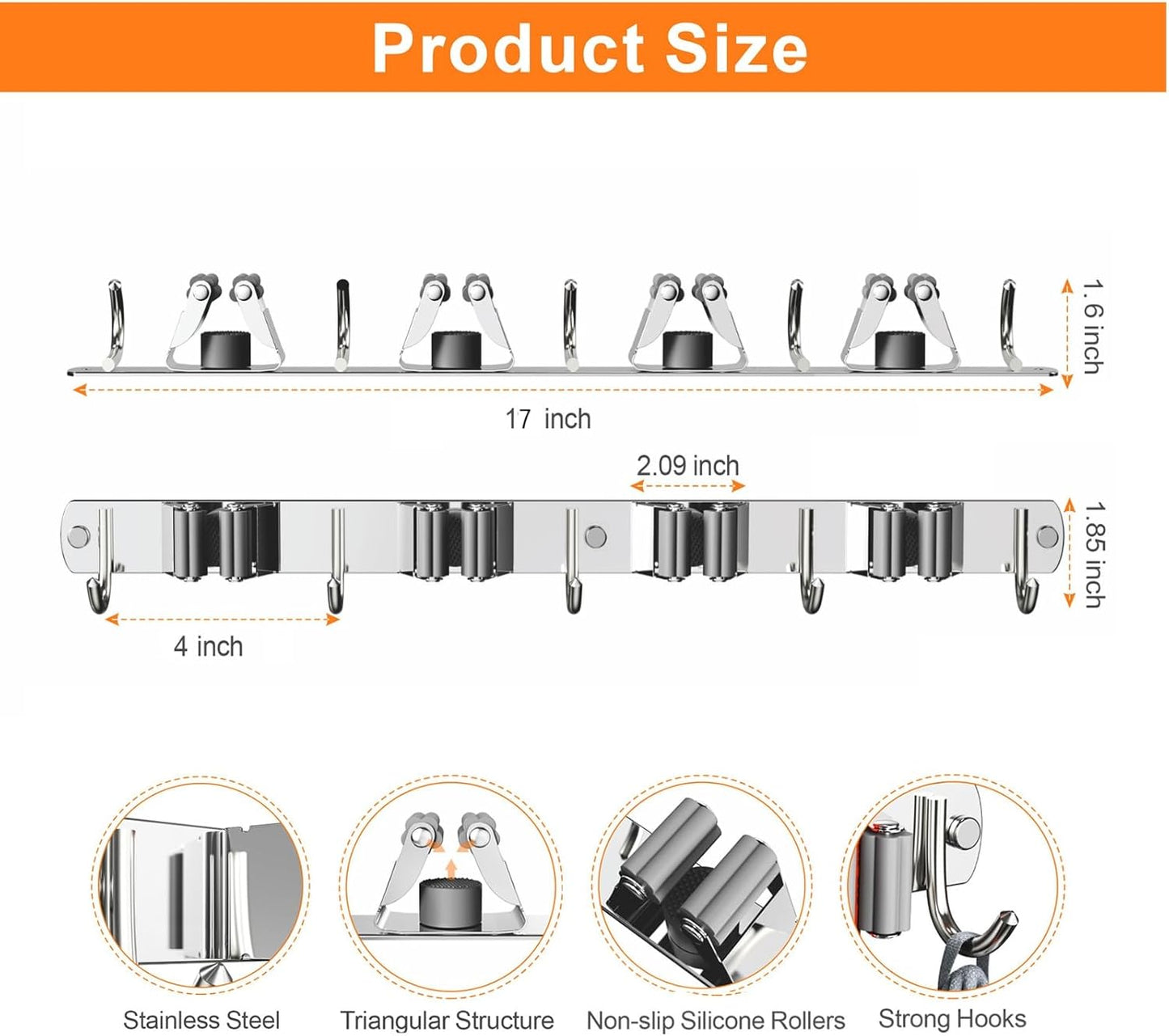 CUXIXA Mop and Broom Holder Wall Mount, Upgraded Broom Organizer Wall Mount, Stainless Steel Broom Hanger Wall Mount for Home Kitchen Garden Laundry Garage (3 Racks with 4 Hooks)
