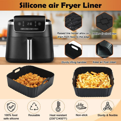 BYKITCHEN 9 Inch Square Silicone Air Fryer Liners for 6 to 8QT, Set of 2, Reusable Silicone Airfryer Tray Insert, Air Fryer Accessories for Corsori 6QT, Ninja Airfryer Pro XL 6.5QT, Gourmia & More