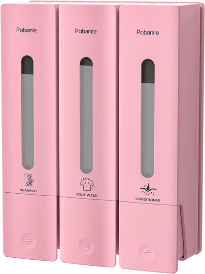 1984 Shower Soap Dispenser Bathroom Set Shampoo Conditioner Body Wash Dispenser Wall Mounted Shower Shampoo Dispenser 3 Chamber No Drill for Home Star Hotel 3 x 400ml Pink