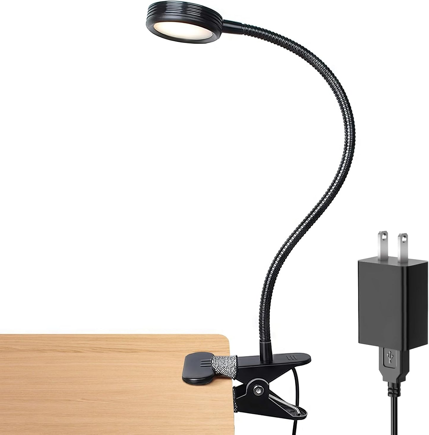 LEPOWER Clip on Light, Book Reading Lamp for Desk, Bed Headboard and Dorm | Adjustable Gooseneck, Color & Brightness Changeable, Adapter Included, LED Table Lamp for Computer, Bedside, Metal, White